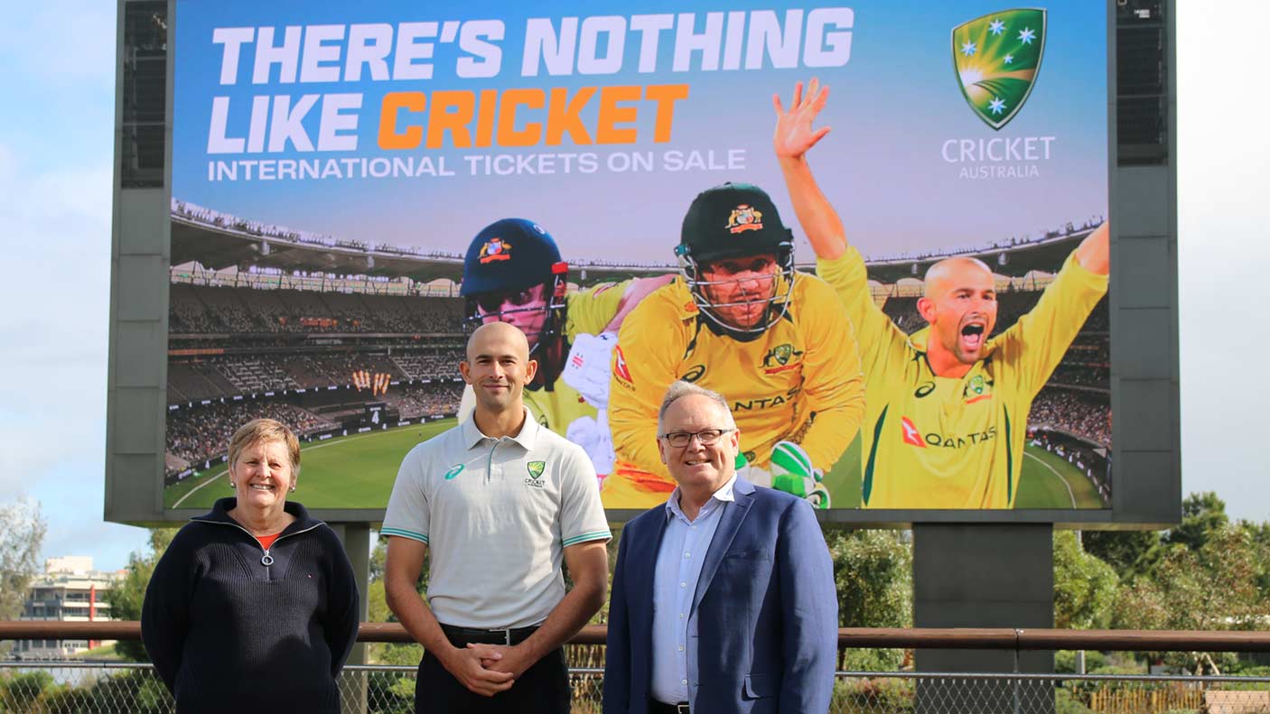 Christina Matthews, and Sport and Recreation Minister David Templeman in front of a promotional screen at the WACA Ground.