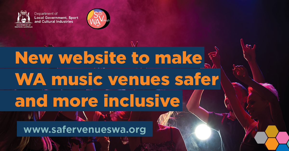 A crowd at a live event with the words, 'New website to make WA music venues safer and more inclusive'