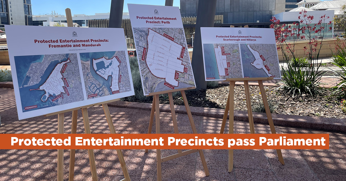 Image of maps on easels showing the area of the Protected Entertainment Precincts