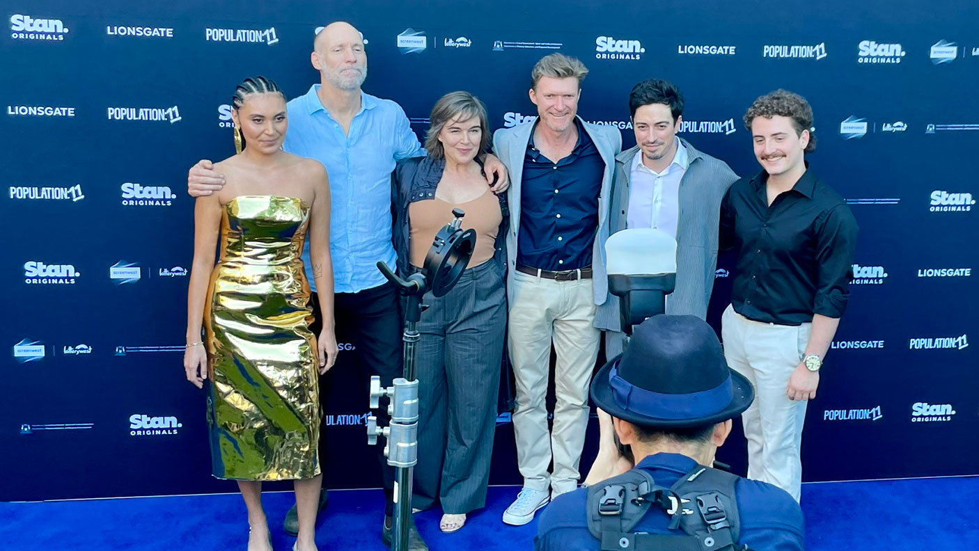 Cast of Population: 11 at the premiere. co-lead Perry Mooney left, Phil Lloyd creator fourth from left, Ben Feldman star second from left, WA actor Ethan Gosatti left