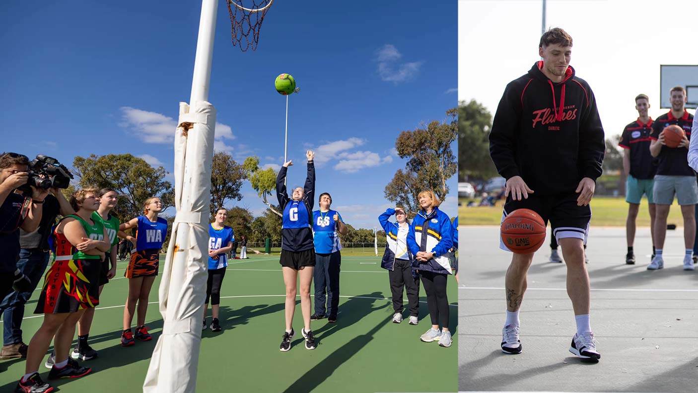 A collage of netballers watching a player shoot for goal and a baskeballers dribbling a ball on a court