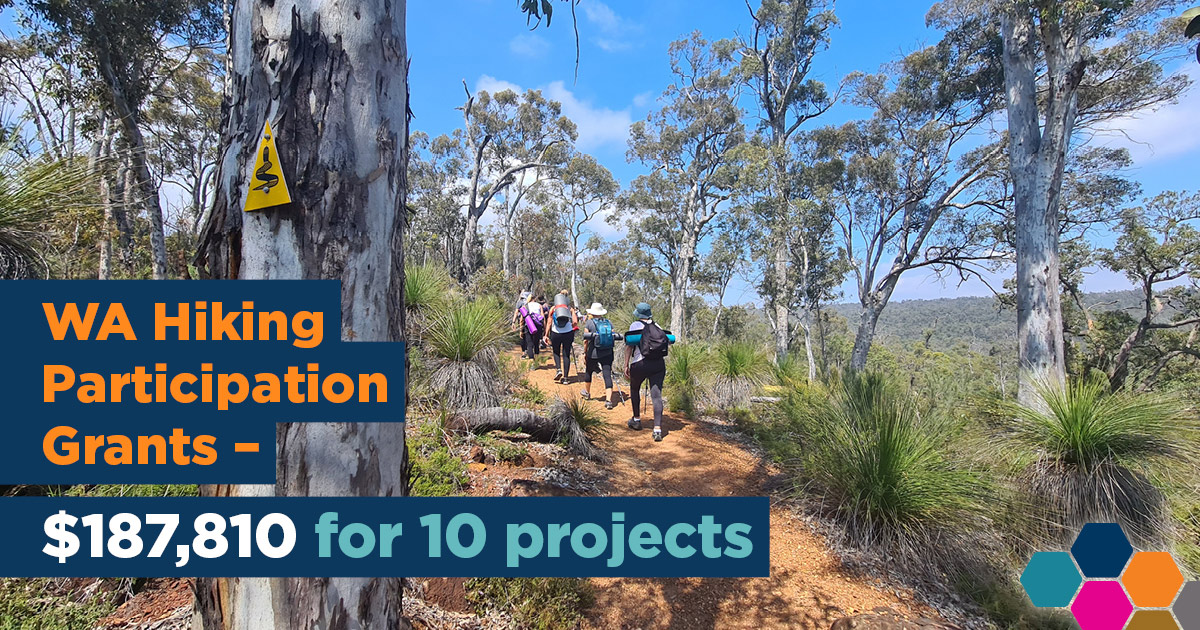 WA Hiking Participation Grants: $187,810 for 10 projects. Image of hikers walking a bush trail.