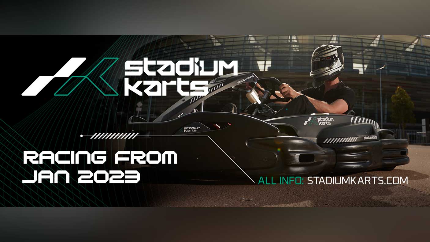 Stadium Karts promotional banner showing a person in a racing kart. Text reads, 'Racing from Jan 2023'
