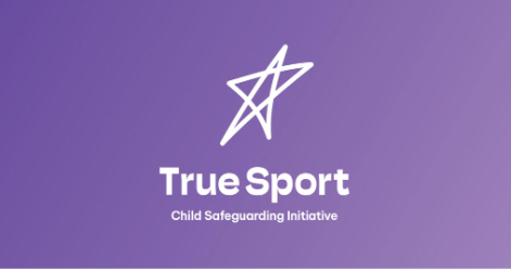 A purple graphic with a white star logo with the words, 'True Sport Child Safeguarding Initiative'