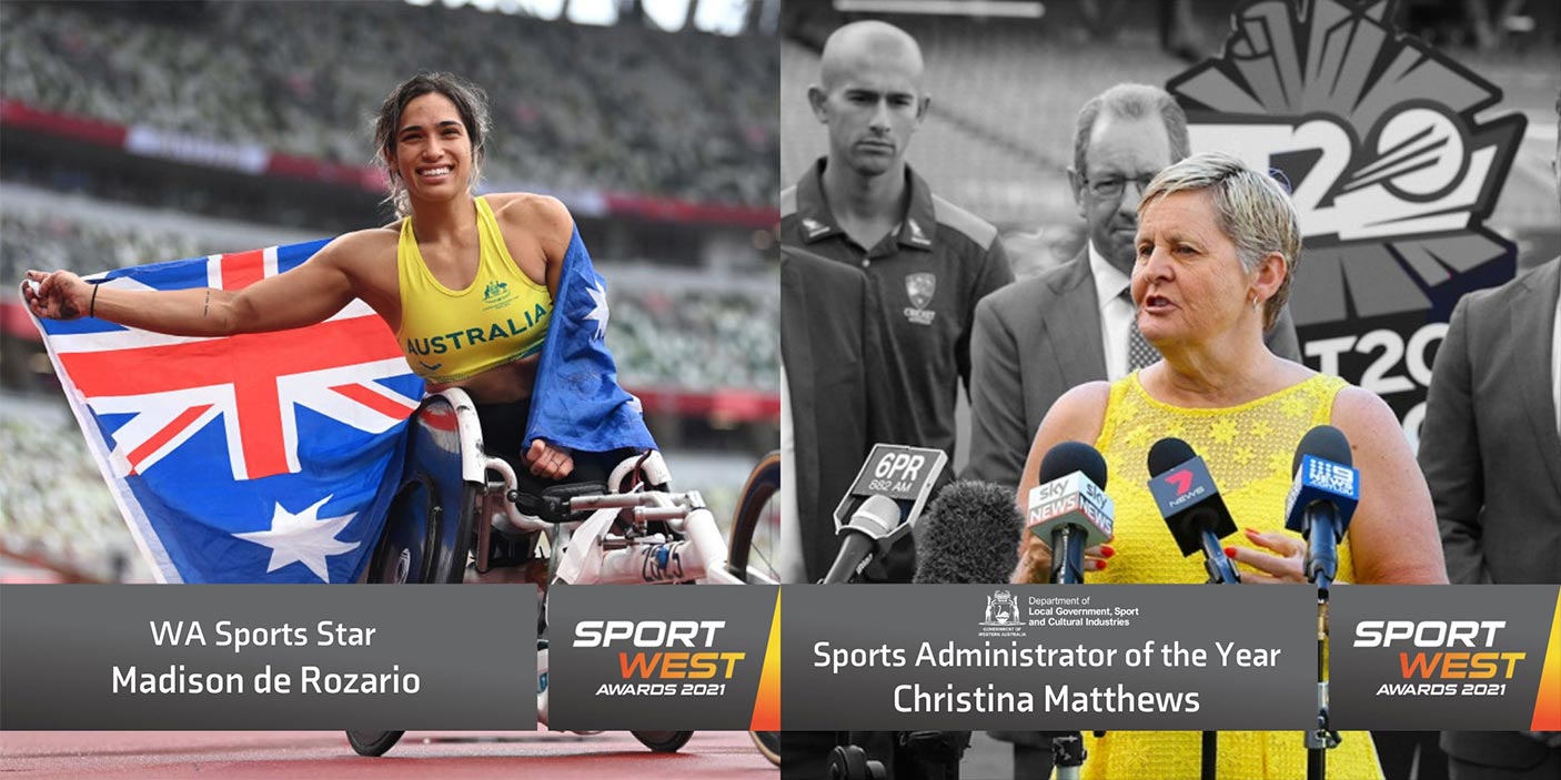 Montage of Tokyo Paralympian dual gold medallist Madison de Rozario OAM with Christina Matthews, Chief Executive Officer of the Western Australian Cricket Association