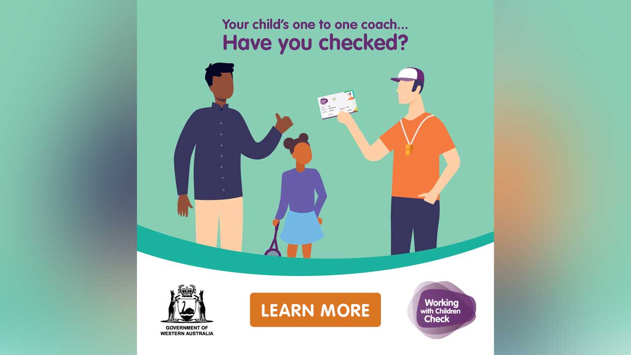 An illustration of a parent, child and coach. The coach is holding a Working with Children Card.