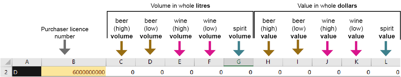 Liquor returns file showing the different fields on the D row
