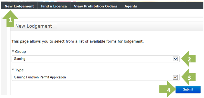 Gaming function permit application lodgment guide step 1 to 4