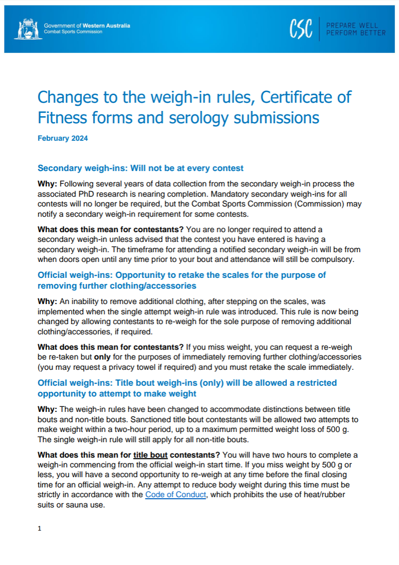 Changes to the weigh-in rules, Certificate of Fitness forms and serology submissions cover