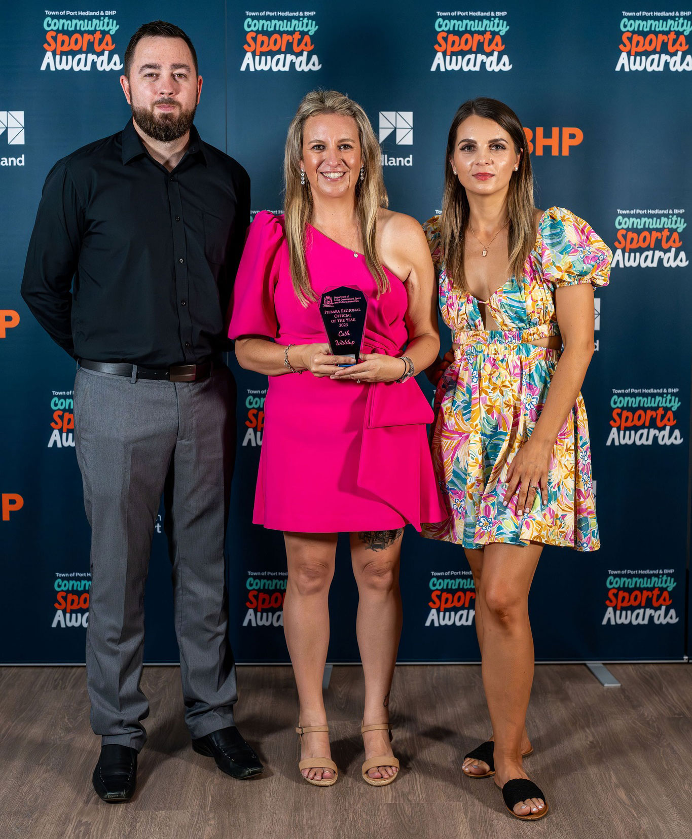 DLGSC Pilbara Regional Manager Toby Cotterel in Port Hedland with award winner Cath Widdup and Monika Takkel from Volunteering WA