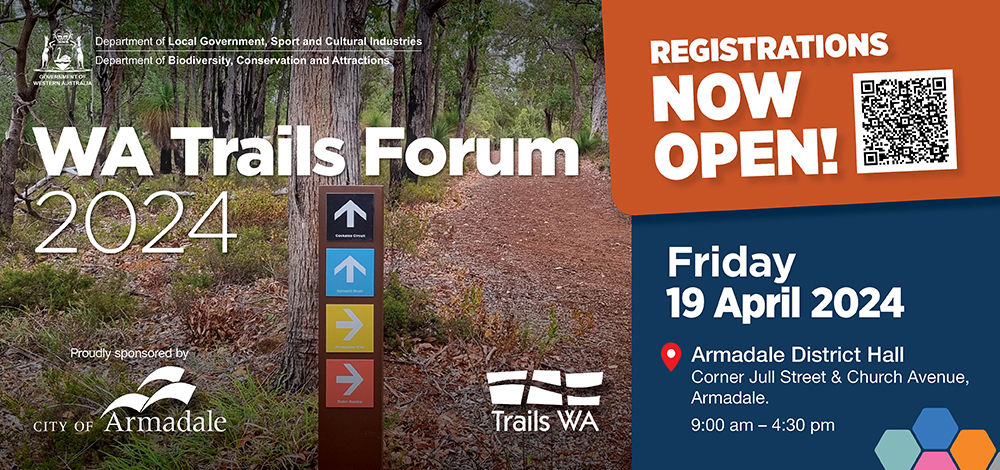 A bush track with trail markers. text reads WA Trails Forum 2024. Registrations now open