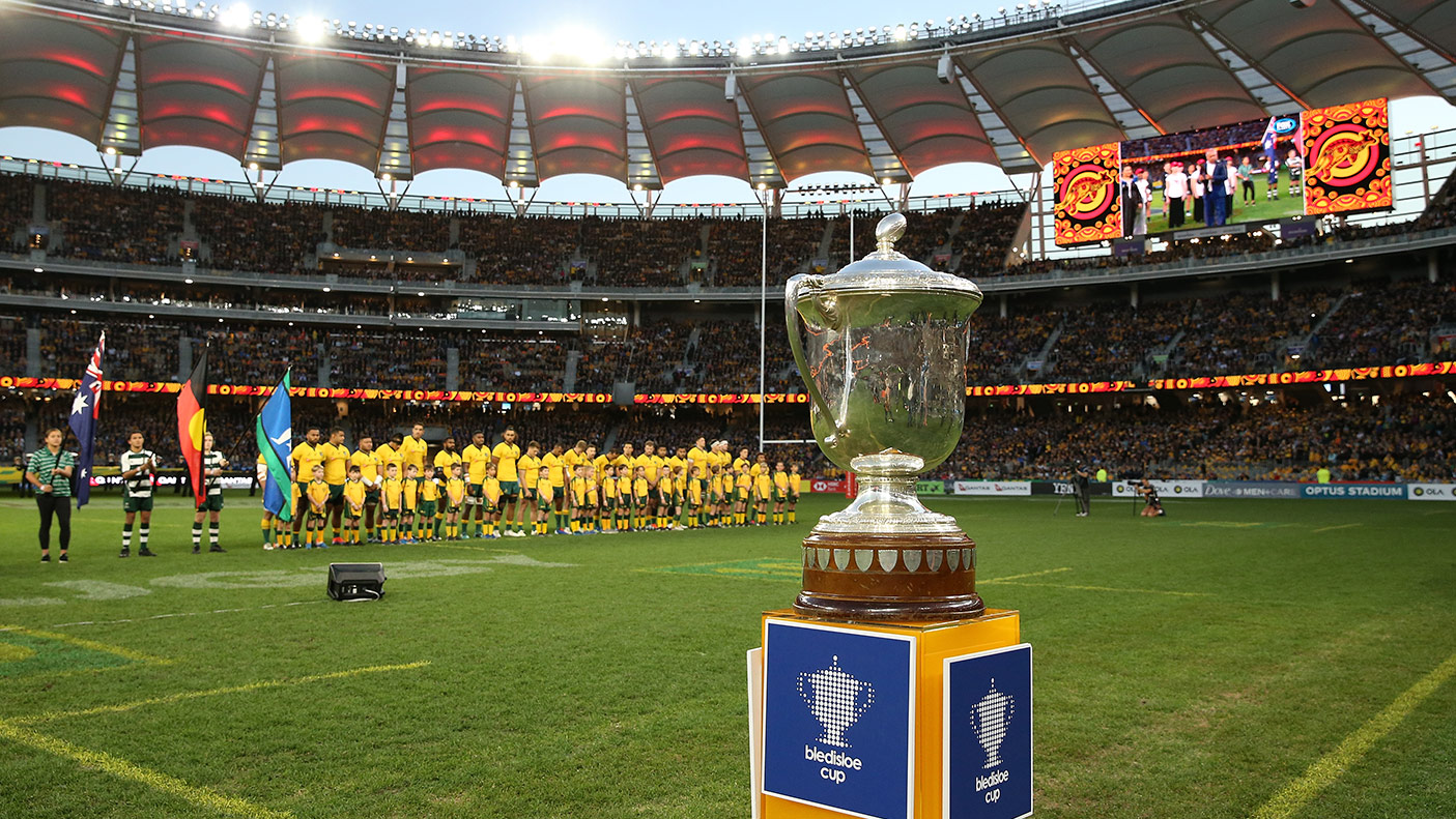 The Bledisloe Cup is seen during the 2019 Rugby Championship Test Match between the Australian Wallabies and the New Zealand All Blacks at Optus Stadium on August 10, 2019 in Perth, Australia. (Photo by Paul Kane/Getty Images)