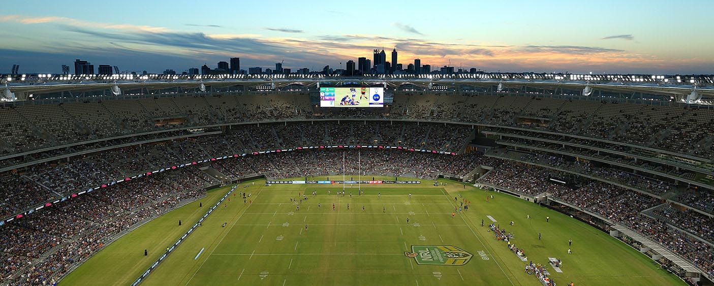 A general view of play during the round one NRL match between the Canterbury Bulldogs and the Melbourne Storm at Optus Stadium on March 10, 2018 in Perth, Australia. (Photo by Paul Kane/Getty Images)