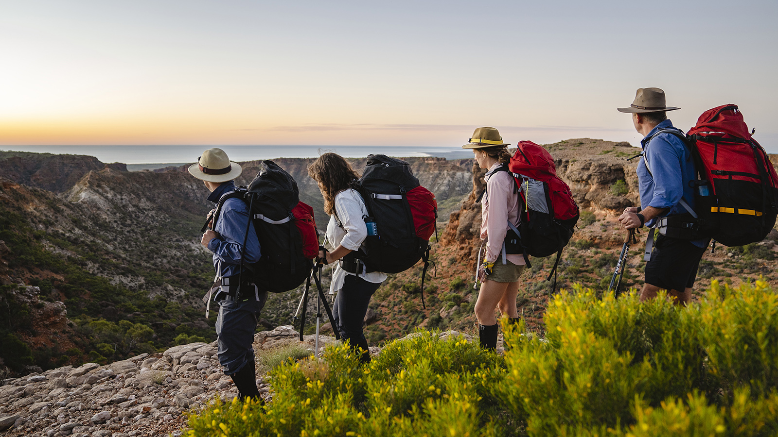 4 people with backpacks hiking in a coastal landscape
