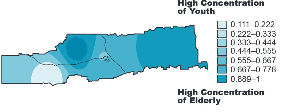 Population map showing percentage of  youth and elderly