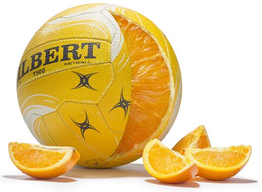 A netball that is cut open like an orange