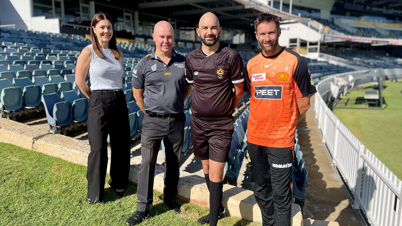Standing in the seating area at a stadium are Marcelyn Nicolaou, Executive Director, DSLGC ; Matt Bamford, Member and Partnerships Manager, SportWest; David Bruce, Referee, Football West; and Andrew Tye, Perth Scorchers, WA Cricket.