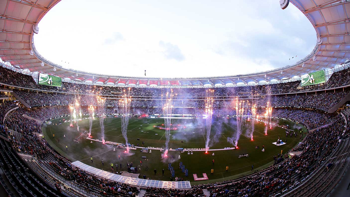 State of Origin game at Optus Stadium showing pyrotechnics