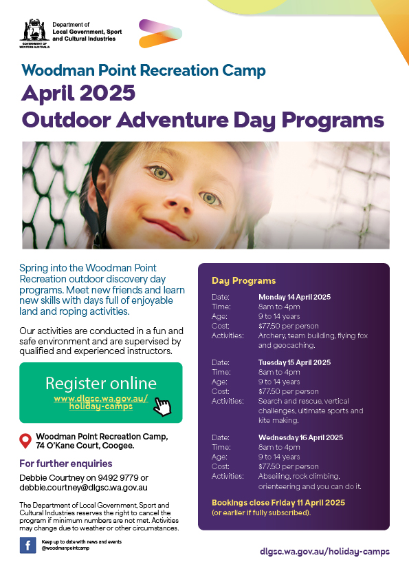 Poster for Woodman Point Recreation Camp program on 14, 15 and 16 April 2025. Close up of a child on an outdoor rope activity.