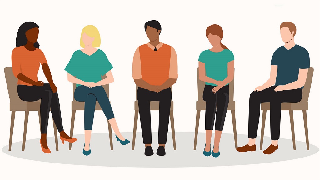 An illustration of 5 adults sitting on chairs