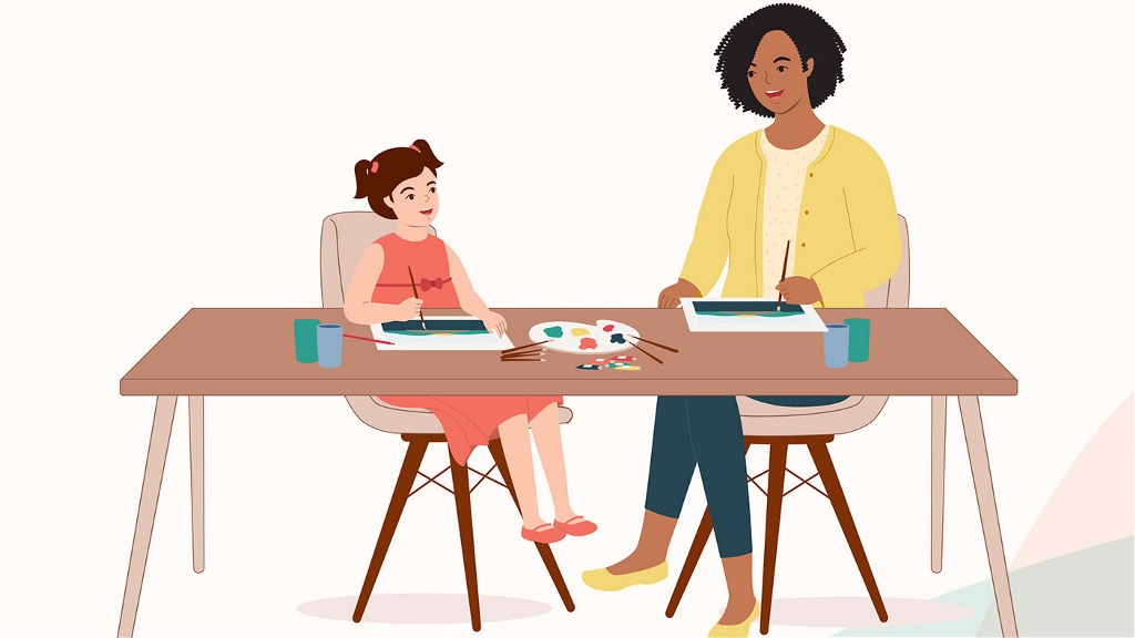 An illustration of a girl and a woman seated at a table painting