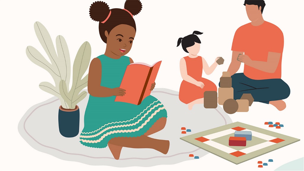 An illustration of a girl reading a book with another girl and man playing in the background