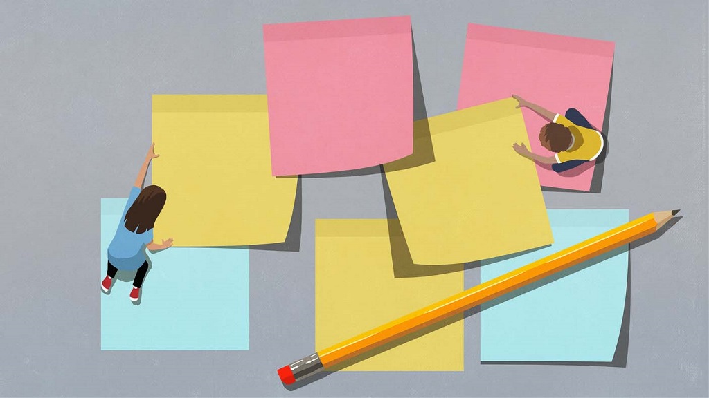 Illustration of children using giant post-it notes